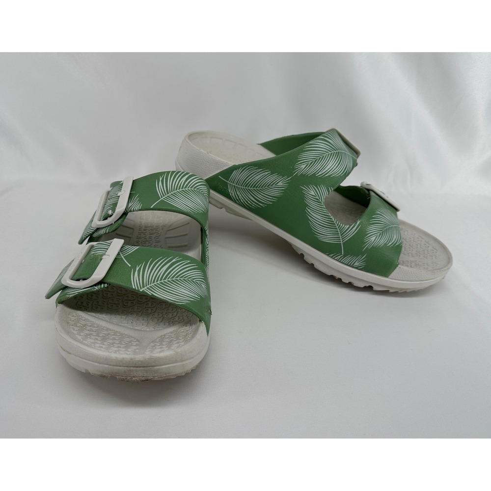 Gravity Defyer Slide Sandals Womens 8 Green Palm Leaf TB7215FWG Comfort EVA